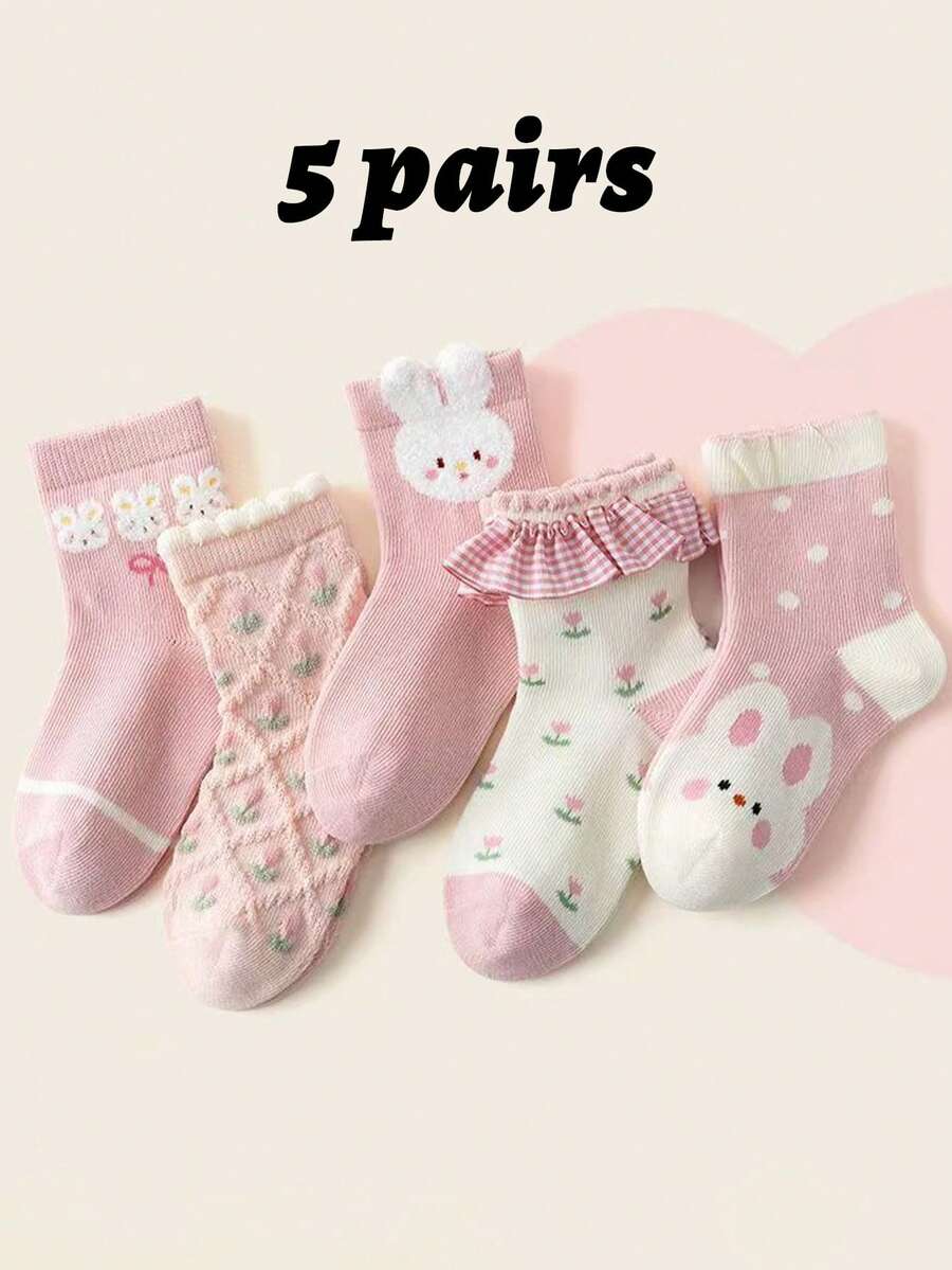 5 Pairs Kids Cartoon Rabbit Socks, Pink, Suitable For Children Aged 1-16 Years Old, Spring/Autumn - Multicolor - View 1