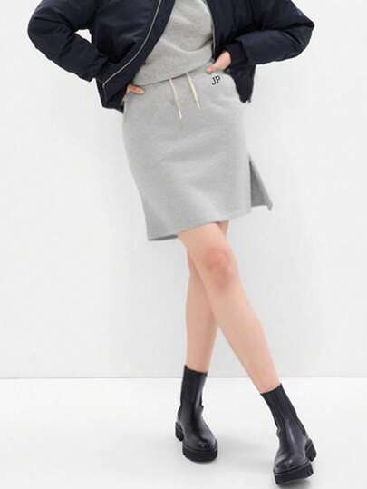 Gal Solid Color Letter High Waist Drawstring Embroidered Casual Mini Dress, Spring/Summer