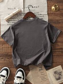 Tween Boy Casual Slogan Print White Crew Neck Short Sleeve T-Shirt, Summer - Dark Grey - View 4