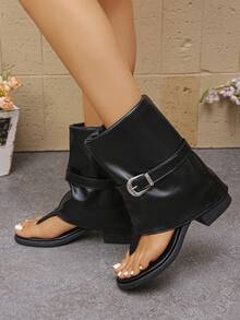 复古港式夏季新款时尚休闲舒适搭扣夹趾折叠中筒凉鞋，时尚街头风修身黑色凉鞋 - 黑色 - 查看 5