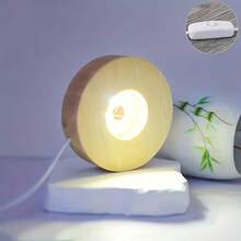 创意木质LED底座灯，USB供电，多色可变，光感应控制，圆形装饰灯座，便携易摆放，适用于DIY桌面装饰、鱼缸、水晶、礼品、节日、办公室、卧室、酒店、派对、餐厅照明 - 圓形底座 - 查看 10