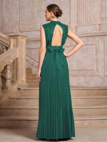 优雅褶皱蕾丝拼接纽扣女士正式晚礼服 - 綠色 - 查看 3