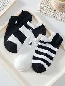 4 Pairs Women's White & Black Striped Minimalist Ankle Socks, Casual Short Socks, Suitable For All Seasons - Black and White - View 1
