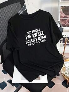 Plus Size Women's Daily Humorous Teasing Style Text Slogan Uppercase Font Layout Simple Text Layout Round Neck Short Sleeve Casual Spring/Summer/Fall Plus-Size T-Shirt Valentine's Day/Back-To-School Graphic Tee Tops For Women - Black - View 6
