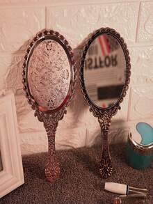 Large Vintage Floral Pattern Mirror, Rose Gold High Definition Handheld Makeup Mirror, Portable Lace Edged Hand Mirror (Special Offer Item), Random Delivery - Multicolor - View 9