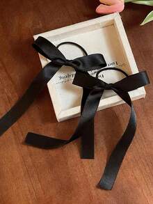 2个蝴蝶结发圈，缎带发带，女士女孩蝴蝶结发饰，适合浓密或稀疏头发的弹性发圈，带长尾巴的蝴蝶结发饰