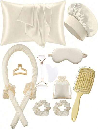 13/10/8/5/1 Piece Set, Sleep & Hair Styling Tools Kit, Includes Curling Iron, Face Massager, 1 Silk Pillowcase, Large Hair & Skin Care Set, No-Heat Silk Hair Curler, Night Hair Curler, 1 Soft Sleep Mask, Ladies Face Massage Roller, 1 Comb, Hair Care Products & Accessories, Hair Styling Tools Set, Curling Products, Travel Essentials, Christmas Gift, Gift For Her