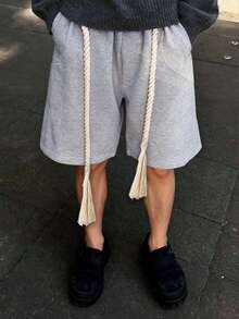 Men's Grey Sports Shorts With Thick Drawstring And Tassel, Streetwear Style For Summer - Light Grey - View 1