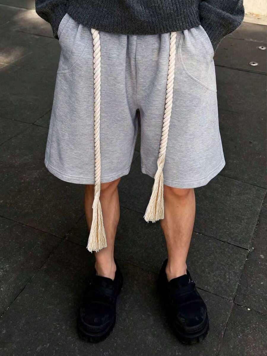 Men's Grey Sports Shorts With Thick Drawstring And Tassel, Streetwear Style For Summer - Light Grey - View 1