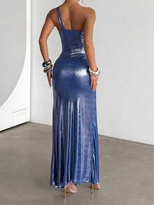 WOWDARK 夏季连衣裙，蓝色亮片面料不对称肩部派对礼服，优雅适合生日、派对、情人节、约会之夜和婚礼等场合。 - 寶藍色 - 查看 6