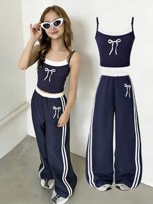 女童时尚休闲新款两件套，蝴蝶结印花，吊带上衣搭配侧条纹裤，适合夏季户外活动、日常聚会、旅行等。 - 寶藍色 - 查看 3