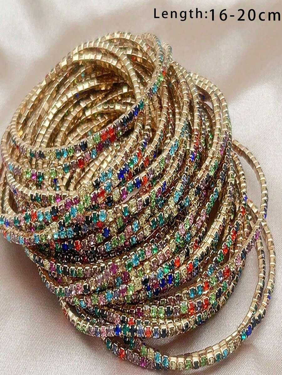 1pc/6pcs/12pcs Gold Single Row Cubic Zirconia Tennis Bracelet Elastic Bangle, Multilayer Street Style Jewelry For Women - Colorful - View 1