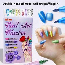 双头金属美甲涂鸦马克笔套装，速干，适用于抽象线条、花卉图案、鲜艳色彩 - DIY美甲工具绘图丙烯颜料笔防水美甲 - 10色 - 彩色 - 查看 7