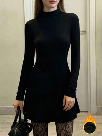 Elegant Casual Slim Fit Warm Thermal Turtleneck Long Sleeve Knit Dress, Winter Dress