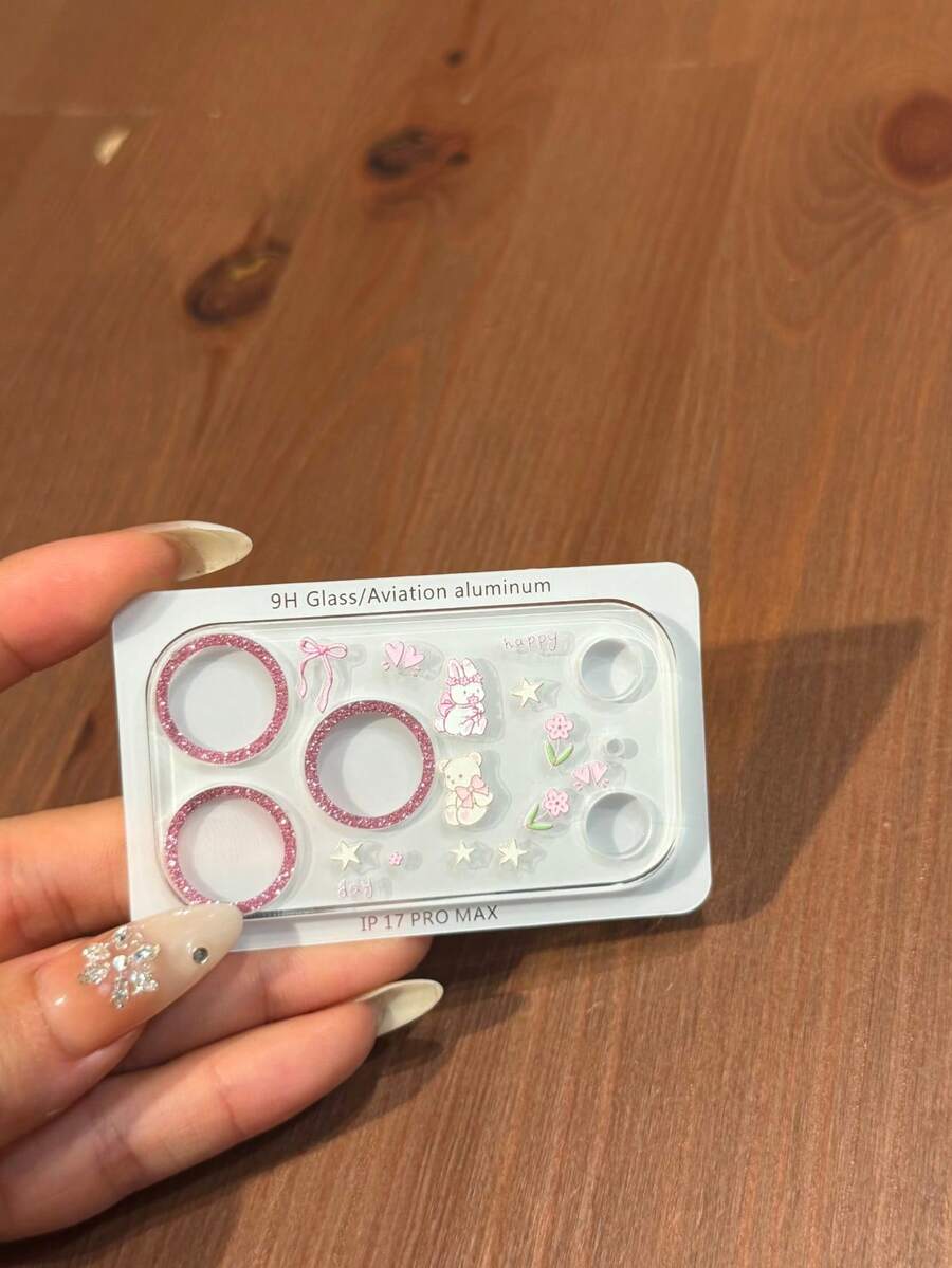 闪光镜头膜+贴纸，蝴蝶结、花朵、兔子图案，相机镜头保护膜，兼容苹果 17 Pro Max/17 Pro，玻璃膜，为您的手机提供时尚保护 - 閃粉鏡頭膜+兔兔花朵 - 查看 1