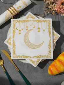 20/40pcs Ramadan Embroidered & Printed Disposable Paper Napkins, 13 Inches, Happy Ramadan, Suitable For Parties, Family Gatherings And Festive Nights, Moon And Star Pattern (Gold) - Multicolor - View 4