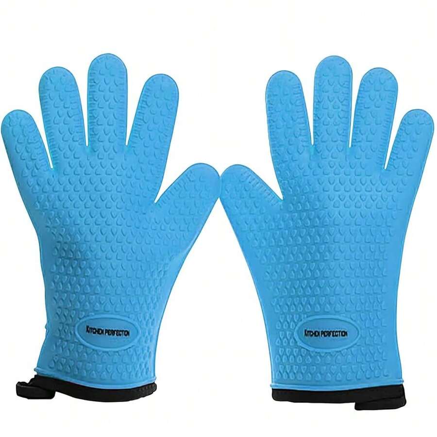 KITCHEN PERFECTION Silicone R Oven Gloves-Extreme HeatResistant BBQ Gloves-Handle Hot Food Right On Your Grill BBQ Fryer&Pit|Waterproof Grilling CooFKing BaFKing Mitts|Superior Value Set+3 Bonuses,OneSizeFitsMost,Blue - Blue - 查看 1