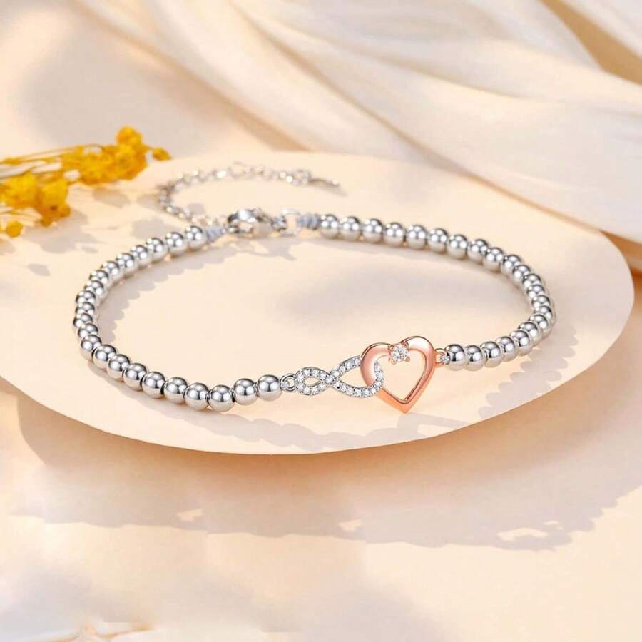 1Pcs Pulsera de moda para el Día de la Madre para mujer con cadena de cuentas y dije de corazón de diamantes de imitación - Blanco - Ver 1