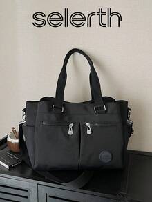 1pc Black Casual Minimalist Multi-Zipper Pocket Adjustable Shoulder Tote Bag, Large Capacity Foldable Shoulder Bag Suitable For Women's Work, Daily Life, Commuting, Social Gatherings, Outdoor Shopping, Travel, Can Be Used As Diaper Bag, Student Tutoring Bag, Mother's Day Gift, Fashion Item - Black - View 2