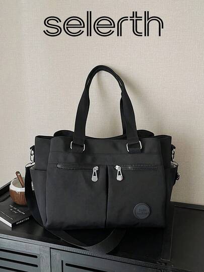 1 pieza Bolso de tela negra casual minimalista con múltiples bolsillos y capas, cremallera decorativa, correa ajustable, cremallera suave, gran capacidad, plegable, de un solo hombro, adecuado para el trabajo de las mujeres, la vida diaria, los desplazamientos, las reuniones sociales, los estudiantes adolescentes, las compras al aire libre, para llevar teléfono, billetera, lápiz labial, llaves, pañuelos, bolsa de almacenamiento, artículo de moda
