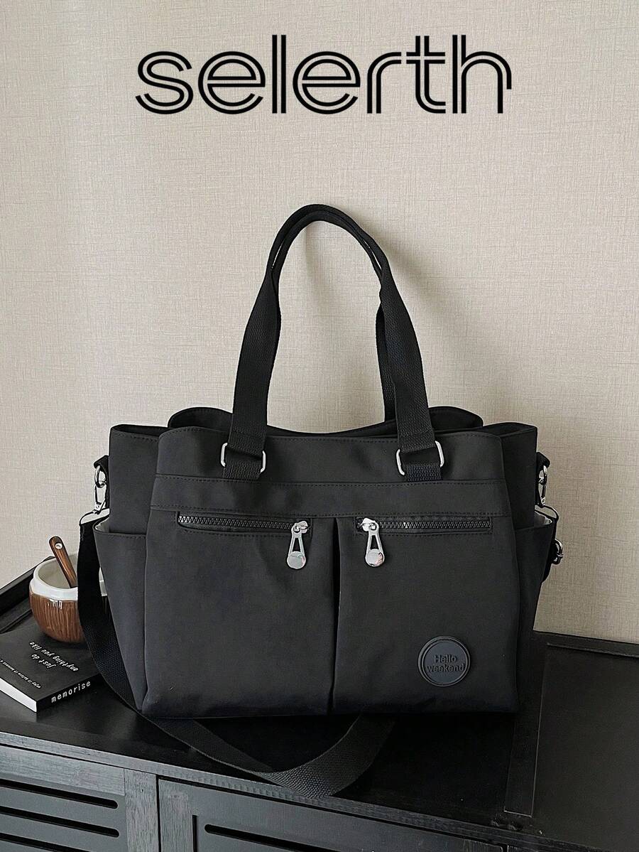 1pc Black Casual Minimalist Multi-Zipper Pocket Adjustable Shoulder Tote Bag, Large Capacity Foldable Shoulder Bag Suitable For Women's Work, Daily Life, Commuting, Social Gatherings, Outdoor Shopping, Travel, Can Be Used As Diaper Bag, Student Tutoring Bag, Mother's Day Gift, Fashion Item