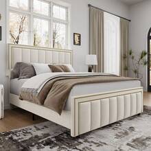 Queen Size Bed Frame With 50" Tall Headboard And Footboard, Chenille Upholstered Platform Bed, Vertical Channel Tufting With Nailhead Trim, Bedroom Deccor, Bedroom Furniture, Room Deocr, No Box Spring Needed, Easy Assembly, Full/ Queen/ King, Beige/ Black - 米色 - 查看 1
