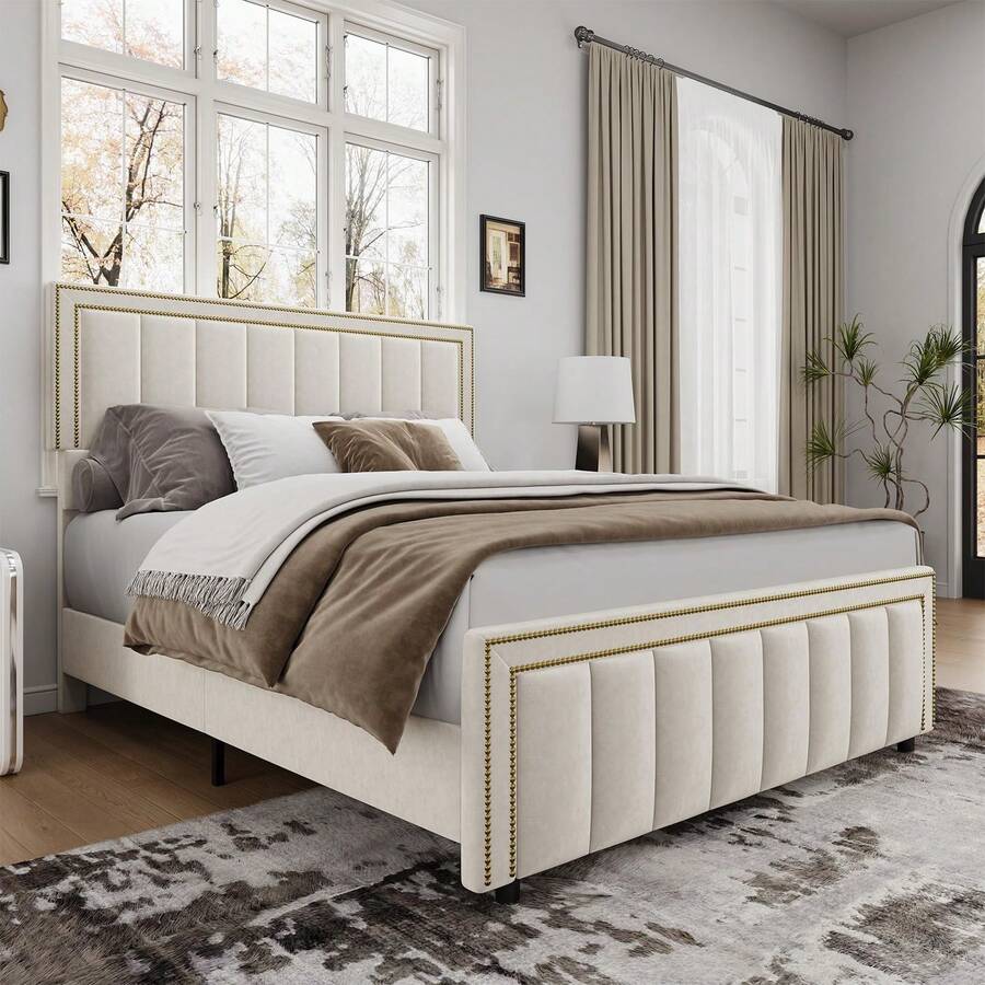 Queen Size Bed Frame With 50" Tall Headboard And Footboard, Chenille Upholstered Platform Bed, Vertical Channel Tufting With Nailhead Trim, Bedroom Deccor, Bedroom Furniture, Room Deocr, No Box Spring Needed, Easy Assembly, Full/ Queen/ King, Beige/ Black - 米色 - 查看 1