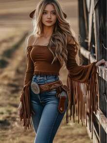 Women's Western Cowgirl Off-Shoulder Fringe Top, Sexy Slim Fitted Long Sleeve Tassel Blouse - màu xanh lá - Xem 4