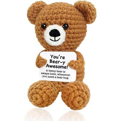 1pc Knitting Bear Plush Positive Crochet Knitting Animals Mini Handmade Cute Knitting Self-Care For Adult Friends, Ladies, Men And Colleagues College Christmas Stockings Gifts.