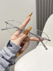 A Pair Of Blue Clear Lens Glasses, Unisex, To Reduce Eye Strain From Computers, TVs, Mobile Phones, And Games. Y2K Style, Cat-Eye Retro Glasses. - Multicolor - View 7