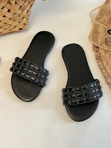 1 par de sandalias planas de estilo de lujo con cuentas tejidas y suela antideslizante de piel de PU para niñas, adecuadas para el Día del Niño, combinación de atuendos de cumpleaños y ocasiones de fiesta de verano - Negro - Ver 7