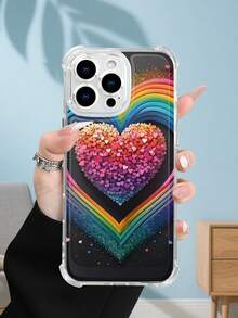 1PC Funda transparente con diseño de corazón arcoíris y detalles brillantes, estilo colorido y romántico, protección contra caídas, ideal para parejas y mujeres con estilo vibrante, regalo perfecto para fiestas : funda transparente resistente a golpes, compatible con Apple Phone17/16/15/14/13/12/11/XS/XR/X/PLUS/PRO/PROMAX, agarre cómodo, regalo ideal para amigos, novia, novio, familia - transparente - Ver 4