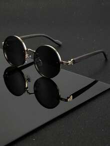 Men's Metal Circular Wood Grain Frame Fashion Glasses With Adjustable Arms - Black - View 2