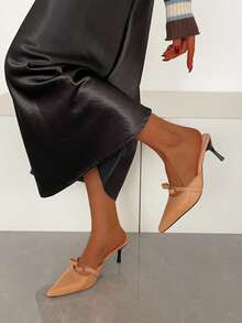 Giày sandal cao gót mũi nhọn có nơ thời trang dành cho nữ, sandal hở gót mũi kín thoải mái và đa năng. - khỏa thân - Xem 5