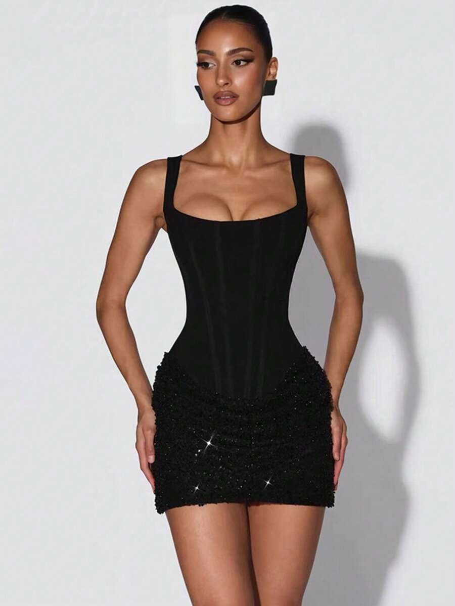 Vestido Street Fashion Sin Mangas Cintura Ajustada Ajustado para Mujer - Negro - Ver 1