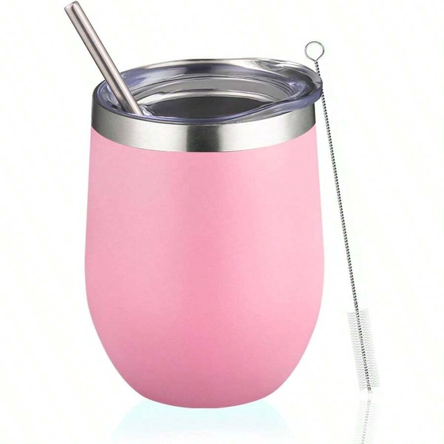 12oz Wine Tumbler With Lid, Stainless Steel Travel Mugs Stemless Double Wall Insulated Coffee Cup, Insulated Wine Glasses Travel Tumbler Cold Hot Drinks Pink, 1 - 淺粉紅色 + 1 - 查看 1