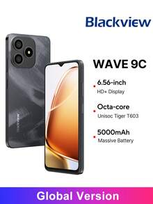 Blackview WAVE 9C 智能手机全球版，4GB+128GB/64GB 存储，搭载紫光展锐 Tiger T603 处理器，6.56 英寸高清+ IPS 显示屏，1300MP 前置摄像头，5000mAh 电池，支持 10W 充电，运行基于 Android 12 的 DokeOS 4.2 系统。 - 黑色 - 查看 1