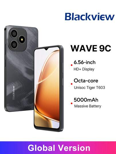  Blackview WAVE 9C 智能手机全球版，4GB+128GB/64GB 存储，搭载紫光展锐 Tiger T603 处理器，6.56 英寸高清+ IPS 显示屏，1300MP 前置摄像头，5000mAh 电池，支持 10W 充电，运行基于 Android 12 的 DokeOS 4.2 系统。