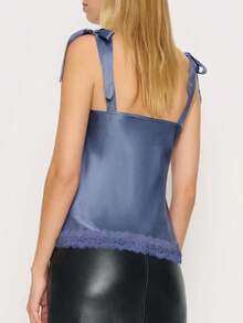 Women's Elegant Silk Satin Tank Top, Fashionable Sleeveless Glossy Blouse, Sophisticated High Neck Formal Office Shirt, Elegant Solid Color Evening Party Vest - 藍色 - 查看 3