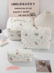 1pc Beige Floral Bow Bear Rabbit Quilted Makeup Bag, Large Capacity Portable Zipper Makeup Pouch, Suitable For Travel & Vacation, Can Store Sanitary Pads, Keys, Phones, Chargers, Lipsticks, Cosmetics, Perfumes, Makeup Brushes, Ideal Storage For Skincare & Beauty Products, Suitable For Women, Students, Girls, Also A Perfect Gift For Holidays & New Year - Beige - View 10