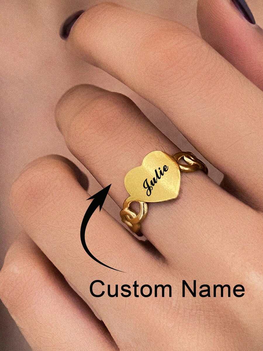 Personalized Ring, Customized Letter Heart-Shaped Ring, Fashionable Flower Hollowed Out English Letter Opening Ring, Women's Versatile Ring, Unique Customized Gift
