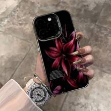1pc Black Minimalist Personalized Black Background English Dew Red Lily Flower Pattern Phone Case, Suitable For IPhone 16 Pro Max, 17/16/15/14 Plus, 13/12/11, Air - Multicolor - View 3