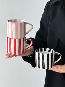 1pc Striped Ceramic Coffee Mug, Minimalist European Style Ceramic Mug, Mug, Water Cup, Household Breakfast Milk Cup, Juice Cup, Afternoon Tea Cup, Saudi Coffee Cup, Espresso Cup, Gift Cup - Multicolor - View 12