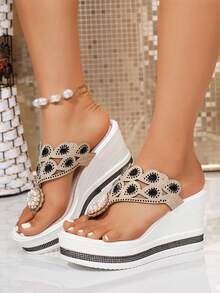 Women's Fashion Platform Wedge Sandals, Pearl & Rhinestone Decor, Slip-On Floral Thong Sandals, Casual Style For Spring/Summer Outdoor & Commute - Black - View 3