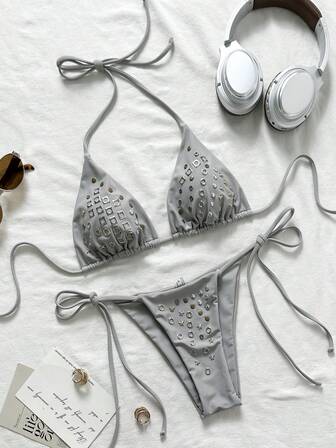 2 piezas Conjunto de bikini casual con estampado geométrico y floral tropical, elegante y sexy, estilo bohemio, para vacaciones en la playa, primavera/verano