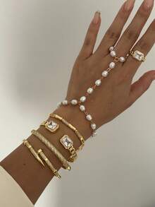 1pc 14K Gold Plated Fashionable Luxury Micro-Inlaid Stacking Bracelet, Unique Design, European & American Style, Multi-Layer Metal Women Bracelet - Multicolor - View 5