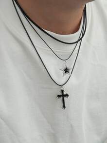 3件套哥特式几何蜡线十字架及水钻五角星吊坠项链，朋克嘻哈风，适合度假、派对、休闲、街头、婚礼、摇滚、情侣、节日、生日等场合，百搭礼物 - 項鍊 - 查看 4