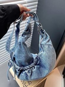 Túi đeo vai vải bố màu xanh lam kiểu Nhật Bản, túi đeo chéo thời trang có khóa kéo và nơ xếp ly, túi xách gấp gọn hình lưỡi liềm thích hợp đi học/đi làm/đi làm hàng ngày. - Nhiều màu - Xem 16