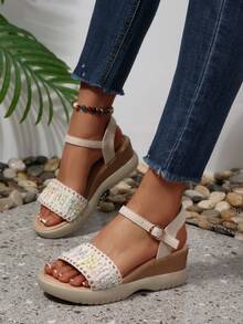 1 Paar Damen Sandalen mit dicker Sohle, modisch neue vielseitige Lässig Beach Römersandalen, Große Größen, Einfarbig, Strand, Zuhause - Beige - Übersicht 2