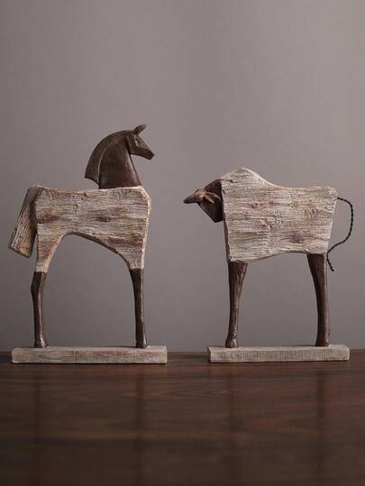 Easegen Home 1PC 30/36cm Vintage Hand-Painted Distressed Resin Horse/Bull Sculpture Decor, Rustic Brown Animal Figurine With Wooden Texture Base For Home Living Room Office Table Decoration